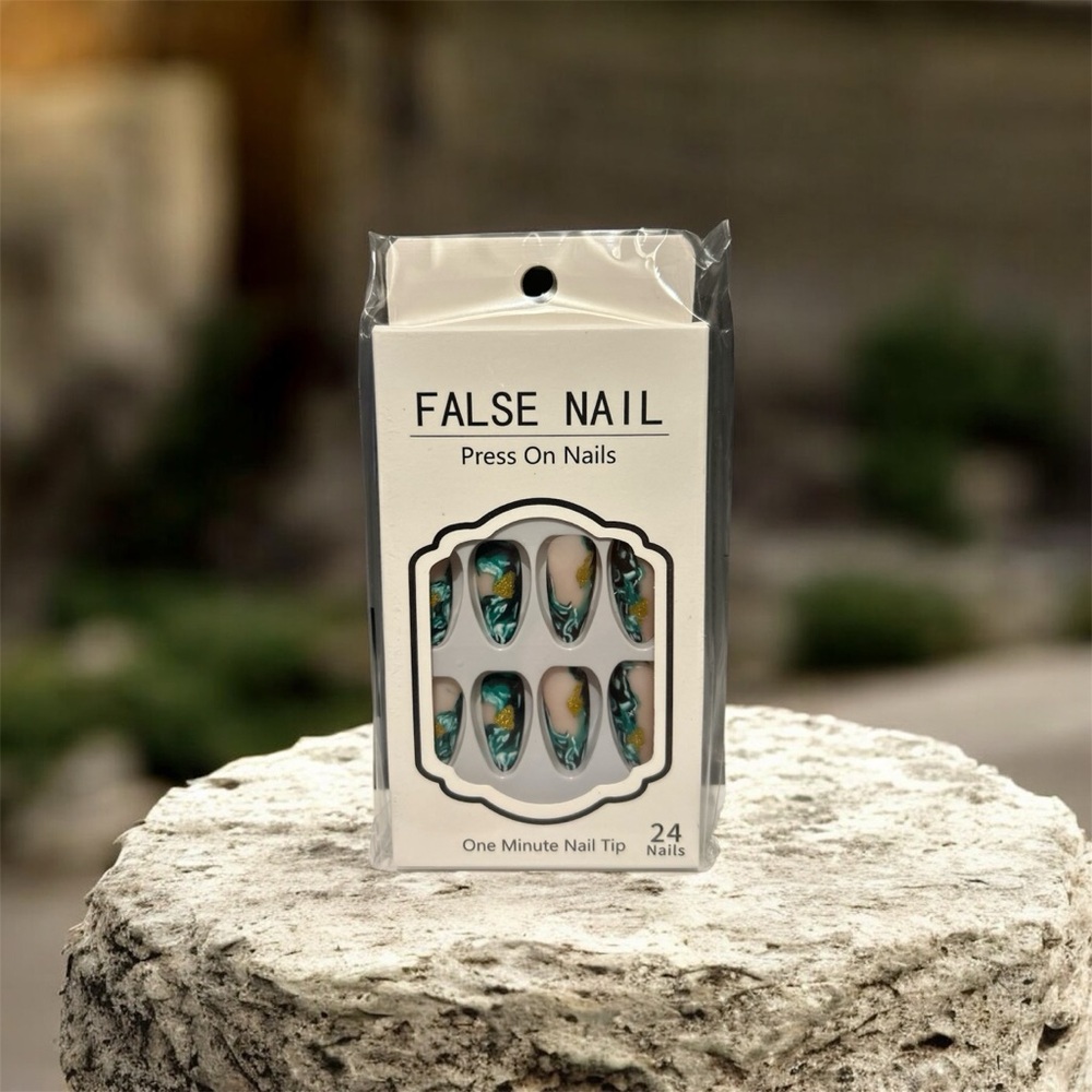 5️⃣Press On Nails Set | Teal and Gold Marble Or 5 For 25